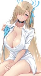 1girls 2021 :d absurdres asuna_(blue_archive) bare_legs black_choker blonde_hair blue_archive blue_bow blue_eyes blush bow breasts choker cleaning_&_clearing_(blue_archive) cleavage collarbone collared_shirt commentary_request dress_shirt eyes_visible_through_hair female female_focus female_only grin hair_over_one_eye hairbow halo highres large_breasts long_hair looking_at_viewer millennium_science_school_student mole mole_on_breast naked_shirt no_bra open_clothes open_mouth open_shirt oserotto partially_unbuttoned shirt short_sleeves simple_background sitting smile solo solo_female solo_focus teeth very_long_hair white_background yokozuwari