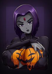 1girls anguriask big_breasts black_lipstick breasts dc dc_comics eye_contact goth grabbing_own_breast halloween huge_breasts large_breasts lipstick looking_at_viewer nipple_bulge nipple_outline pumpkin_boobs purple_eyes purple_hair rachel_roth raven_(dc) short_hair smooth_skin teen_titans upper_body