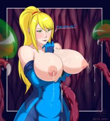 after_sex ahe_gao big_breasts blonde_hair breasts breasts_out consensual_tentacles gaping_nipples green_eyes heart-shaped_pupils heart_eyes lactating lactating_nipples lactation metroid metroid_(creature) niplfkker ponytail samus_aran spread_nipples tentacle text zero_suit zero_suit_samus