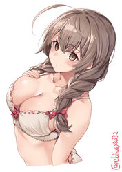 ahoge big_breasts bow bow_bra bra braided_hair braided_twintails brown_eyes brown_hair cleavage ebifurya female female_only high-angle_view kantai_collection looking_at_viewer shinshuu_maru_(kantai_collection) solo