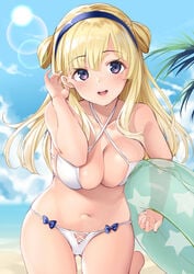 bangs beach big_breasts bikini blonde_hair blue_eyes cleavage ebifurya female female_only fletcher_(kantai_collection) hair_buns hairband kantai_collection long_hair looking_at_viewer solo swimsuit white_bikini