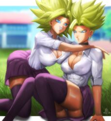 big_breasts blue_eyes caulifla cleavage dragon_ball dragon_ball_super elitenappa female female_only female_saiyan kale kale_(berserker) legendary_super_saiyan saiyan school school_uniform schoolgirl skirt super_form super_saiyan super_saiyan_2 underwear universe_6 universe_6/universe_7