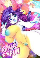 2_horns :3 absurd_res anthro ashiji_(character) big_breasts blue_eyes blue_hair blue_nipples blue_pawpads breasts crotch_tuft dragon english_text female fur genitals gesture glitter hair hi_res horn looking_at_viewer mammal mammalian_dragon multicolored_body multicolored_fur navel nipples nude open_mouth open_smile original pawpads pussy slugbox smile smiling_at_viewer solo sparkles standing star text tuft two_tone_body two_tone_fur v_sign white_body white_fur