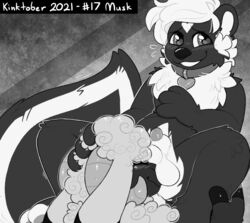 <3_eyes 2021 absurd_res animal_genitalia anthro ball_nuzzling ball_worship balls balls_on_face blush bovid caprine collar crownedvictory duo female furry genitals greyscale heart hi_res kinktober male mammal mephitid mercy_(varaxous) monochrome musk page_17 sheath sheep skunk smile