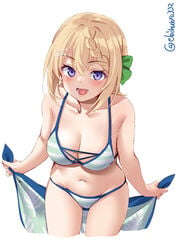 bangs bikini blonde_hair blush braid clavicle cleavage ebifurya female female_only hair_ribbon hairclip kantai_collection leaning_forward looking_at_viewer medium_breasts navel open_mouth perth_(kantai_collection) purple_eyes smile solo striped_bikini stripes swimsuit