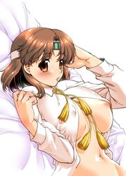 areola_slip big_breasts blush brown_eyes brown_hair chiyoda_(kantai_collection) doujin_cover headband kantai_collection long_sleeves looking_at_viewer nipple_bulge nipples_visible_through_clothing no_bra on_back on_top open_shirt shimamoto short_hair