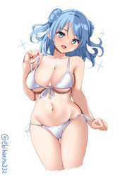 big_breasts bikini blue_eyes blue_hair cleavage ebifurya female female_only hair_buns kantai_collection side-tie_bikini solo swimsuit thigh_grab underboob urakaze_(kantai_collection) white_bikini wide_hips