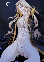 1boy 3/4_view adonis_belt alucard alucard_(castlevania) areolae athletic_male balls bats belly_button bishonen black_and_yellow_clothing black_coat blonde_hair blonde_hair_male blue_flower blue_flowers bottomless bottomless_male castlevania castlevania_(netflix) chest_scar coat coat_only crescent_moon dhampir ear_visible_through_hair exposed_penis fangs full_color grass iversiin long_hair long_hair_male looking_at_viewer male_only man_boobs moon mostly_nude muscular muscular_male narrowed_eyes night_time nipples outside pale-skinned_male pale_skin partially_retracted_foreskin penis penis_out penis_veins portrait practically_nude scars semi-erect semi-flaccid side_smile sitting_down six_pack smiling smirk smirking solo solo_male testicles thick_thighs thighs tilting_head twunk uncensored urethra vampire veiny_penis yellow_eyes