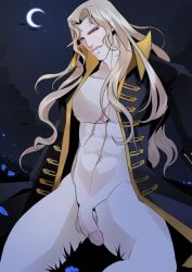 1boy 3/4_view adonis_belt alucard alucard_(castlevania) areolae athletic_male balls bats belly_button bishonen black_and_yellow_clothing black_coat blonde_hair blonde_hair_male blue_flower blue_flowers bottomless bottomless_male castlevania castlevania_(netflix) chest_scar coat coat_only crescent_moon dhampir ear_visible_through_hair exposed_penis fangs full_color grass iversiin long_hair long_hair_male looking_at_viewer male_only man_boobs moon mostly_nude muscular muscular_male narrowed_eyes night_time nipples outside pale-skinned_male pale_skin partially_retracted_foreskin penis penis_out penis_veins portrait practically_nude scars semi-erect side_smile sitting_down six_pack smiling smirk smirking solo solo_male testicles thick_thighs thighs tilting_head twunk uncensored urethra vampire veiny_penis yellow_eyes