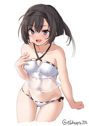 akizuki_(kantai_collection) bangs bikini blush brown_hair ebifurya female female_only grey_eyes hairband kantai_collection looking_at_viewer open_mouth pony sidelocks small_breasts smile solo swimsuit thigh_gap white_bikini white_swimsuit wide_hips