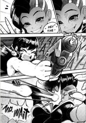 2girls bodysuit clothed clothing comic d.va dialogue female female_only fully_clothed gun human monochrome mostly_clothed overwatch pokilewd shooting sombra text