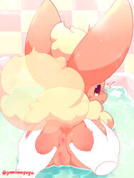 2021 ambiguous_gender anus ass bathing bathroom bathtub blush butt_grab chest_tuft digital_drawing_(artwork) digital_media_(artwork) disembodied_hand eeveelution female female/ambiguous feral flareon fluffy fluffy_tail fur genitals hand_on_butt nakimayo nintendo orange_body orange_fur pokémon_(species) pokemon pussy rear_view solo_focus tuft video_games water wet wet_body