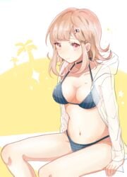 1girls bare_midriff bare_thighs belly big_breasts bikini bikini_bottom bikini_top blue_bikini blue_bikini_bottom blue_bikini_top blue_swimsuit blush blushing breasts cleavage danganronpa danganronpa_2:_goodbye_despair danganronpa_s:_ultimate_summer_camp female female_focus female_only hair_ornament human human_focus human_only light-skinned_female light_skin looking_at_viewer medium_breasts midriff nanami_chiaki navel open_clothes open_clothing open_shirt open_top open_topwear red_eyes see-through see-through_clothing see-through_shirt see-through_top short_hair sitting sitting_down smile smiling smiling_at_viewer solo solo_female solo_focus stomach straight_hair super_danganronpa_2 swimsuit white_background wholesome yellow_background