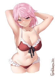 armpits arms_behind_head arms_up big_breasts bikini blush cleavage ebifurya embarrassed female female_only frilled_bikini frills frown giuseppe_garibaldi_(kantai_collection) hourglass_figure kantai_collection looking_at_viewer pink_hair red_bikini short_hair sideboob solo swimsuit wide_hips