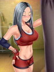 aki_(booty_calls) booty_calls boxer boxing_gloves clothed female_boxer hazel_eyes japanese japanese_female long_hair nutaku punching_bag silver_hair sports_bra