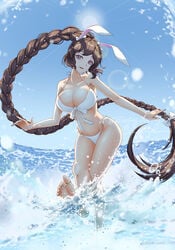 bikini braided_ponytail brown_hair douluo_dalu female legs rabbit sky splash sunny swimsuit water waves xiao_wu_(douluo_dalu)