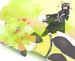 2girls animal_ears black_hair blonde_hair blush darkness_(konosuba) drooling enjoying_farts fart fart_cloud fart_fetish fart_torture female_only heart-shaped_pupils kono_subarashii_sekai_ni_shukufuku_wo! laugh lazei lingering_stench looking_pleasured multiple_girls pleasure_face short_hair skirt skull_symbol skunk skunk_girl skunk_tail smile tail tears tears_of_joy text western_spotted_skunk_(kemono_friends) yuri