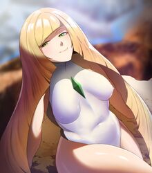 1girls blonde_hair breasts eye_contact female green_eyes looking_at_viewer lusamine_(pokemon) mature_female medium_breasts milf nintendo nipple_bulge okaimikey pokemon pokemon_sm smile swimsuit thick_thighs thighs voluptuous wide_hips