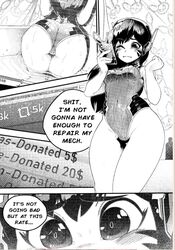 1girls bodysuit breasts clothed clothing comic d.va dialogue female female_only human leotard monochrome mostly_clothed overwatch phone pokilewd pussy shower solo sombra standing text