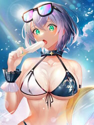 1girls 2021 absurdres ball beach beachball bikini breasts dripping enomi eyewear_on_head female female_focus female_only food green_eyes highres hololive hololive_fantasy hololive_japan ice_cream large_breasts licking melting_ice_cream shirogane_noel solo solo_female solo_focus sunglasses sunlight swimsuit undersized_clothes virtual_youtuber