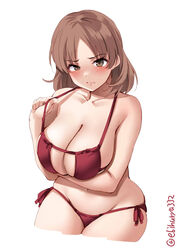 arm_under_breasts big_breasts bikini blush brown_eyes brown_hair chiyoda_(kantai_collection) cleavage ebifurya embarrassed eyepatch_bikini female female_only frown kantai_collection looking_at_viewer red_bikini short_hair side-tie_bikini solo swimsuit wide_hips