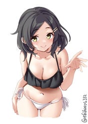 bikini black_bikini_top black_hair blush cleavage ebifurya female female_only hairclip kantai_collection kuroshio_(kantai_collection) leaning_forward looking_at_viewer medium_breasts navel side-tie_bikini smile solo swimsuit thigh_gap white_bikini_bottom wide_hips yellow_eyes