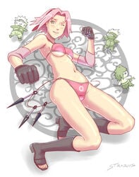 1girls armpits ass belt bikini bikini_bottom bikini_top black_gloves blush bob_cut boots chibi cleavage clenched_fist clenched_hand clenched_hands clothed clothing elbow_pads female female_focus footwear g-string gloves green_eyes hatake_kakashi headband heel_boots heels high_heels knee_boots kneehighs kunai legs light-skinned_female light_skin maigleco male medium_hair micro_bikini multiple_boys naruto naruto_(series) naruto_shippuden one_eye_closed open_toe_shoes panties partially_clothed perky_breasts petite pink_bikini pink_hair pink_panties pink_swimsuit pink_thong pinup revealing_clothes sakura_haruno sasuke_uchiha shoulder_length_hair shounen_jump sideboob small_breasts smile smiling sweat sweatdrop swimsuit teenager thighs thong tiptoes toes underboob underwear uzumaki_naruto voluptuous wink