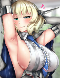 1girls aqua_eyes armpits arms_up big_breasts blonde_female blonde_hair blouse blush breasts cape collared_blouse collared_shirt colorado_(kantai_collection) curly_hair elbow_gloves eyelashes eyeliner female female_only frills gloves headgear heart hi_res kantai_collection kome_cola lipstick long_gloves looking_at_viewer makeup medium_hair necktie shirt short_hair sideboob sleeveless sleeveless_shirt smile solo upper_body