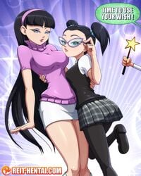 2girls big_breasts black_hair blue_eyes cosmo cute english_text eyeshadow female female_focus female_only lipstick looking_at_viewer makeup miniskirt partial_male reit school_uniform sfw size_difference skirt teenage_girl teenager text the_fairly_oddparents tootie trixie_tang turtleneck watermark wish yuri