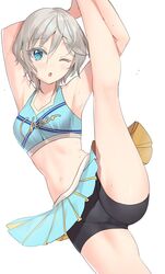 :o anastasia_(idolmaster) arm_behind_head armpits belly_button bike_shorts blue_eyes blush cheerleader cheerleader_uniform eyebrows eyebrows_visible_through_hair eyelashes eyelashes_visible_through_hair female female_only hair_between_eyes idolmaster idolmaster_cinderella_girls leg_up looking_at_viewer one_eye_closed rum_raisin_(chihiromakita19) short_hair shorts_under_skirt silver_hair standing_on_one_leg standing_split sweat white_background