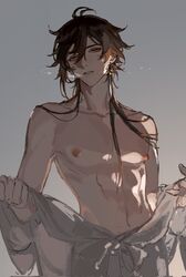 1boy donaldakron genshin_impact looking_at_viewer male male_only naked nipples shirtless solo white_background zhongli_(genshin_impact)