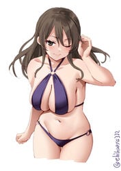 ashigara_(kantai_collection) bangs big_breasts bikini brown_eyes brown_hair cleavage ebifurya female female_only hourglass_figure kantai_collection looking_at_viewer purple_bikini sideboob solo swimsuit wavy_hair wink