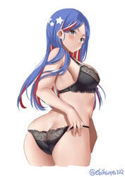 1girls back_view big_ass big_breasts black_bra black_panties blue_hair blush bra clothing ebifurya female female_only kantai_collection lace lace-trimmed_bra legs_together long_hair looking_at_viewer looking_back matching_underwear multicolored_hair panties sideboob solo south_dakota_(kantai_collection)