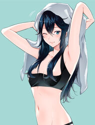 1girls ameno_(a_meno0) aqua_background armpits arms_up bangs bare_shoulders black_bra black_panties blue_eyes blue_hair blush bra breasts closed_mouth collarbone drying drying_hair female fire_emblem fire_emblem_awakening hair_between_eyes lips long_hair looking_at_viewer lucina_(fire_emblem) navel nintendo one_eye_closed panties pink_lips simple_background small_breasts smile solo sports_bra symbol-shaped_pupils towel underwear upper_body wet wet_hair