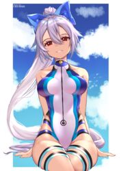 artist_name bare_shoulders blue_bow blue_sky blue_swimsuit border bow breasts clavicle cloud competition_swimsuit crymsie fate/grand_order fate_(series) female garter grey_hair hair_between_eyes hair_ornament hairbow head_tilt high_resolution highleg highleg_swimsuit large_filesize long_hair looking_at_viewer medium_breasts one-piece_swimsuit ponytail rachel_bouvier red_eyes silver_hair sky smile solo swimsuit tank_suit thigh_strap tied_hair tomoe_gozen tomoe_gozen_(fate) tomoe_gozen_(swimsuit_saber)_(fate) two-tone_swimsuit very_high_resolution very_long_hair white_border white_swimsuit