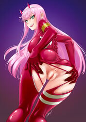 1girls albyeee anus ass ass_grab bodysuit breasts darling_in_the_franxx eyebrows_visible_through_hair fake_horns female female_only green_eyes horns light-skinned_female light_skin long_hair looking_at_viewer looking_back open_mouth pink_hair red_suit ripped_clothing simple_background smile smiling smiling_at_viewer solo solo_female solo_focus spread_ass suit tight_clothing white_skin zero_two_(darling_in_the_franxx)