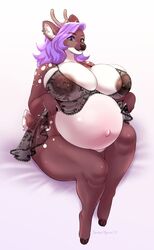 1girls anthro antlers areolae artist_name barbell_piercing belly big_belly big_breasts blue_eyes bottomless breasts breasts_visible_through_clothing brown_body brown_fur clothed clothing curvy_figure deer digital_media_(artwork) dominique_(bionichound) ear_piercing eyebrow_through_hair eyebrows female female_only fingers fur furry green_eyes hair heterochromia hi_res hooves horn huge_breasts long_hair looking_at_viewer mammal mostly_nude multicolored_body multicolored_fur nightgown nipple_barbell nipple_piercing nipples piercing pregnant see-through see-through_clothing shaded sitting smiling smiling_at_viewer solo spottedtigress thick_thighs translucent translucent_clothing translucent_hair two_tone_body two_tone_fur voluptuous white_body white_fur wide_hips