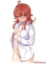 ahoge arashi_(kantai_collection) bangs blush bottomless curly_hair ebifurya embarrassed female female_only kantai_collection looking_at_viewer medium_hair messy_hair no_bra partially_clothed red_eyes sidelocks small_breasts solo undressing yellow_eyes