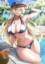 armpit bangs baseball_cap big_breasts bikini blonde_female blonde_hair blue_eyes cleavage curvaceous curvy detailed_background female female_only hourglass_figure iowa_(kantai_collection) kantai_collection kome_cola long_hair looking_at_viewer necklace open_mouth pool sideboob smile solo star-shaped_pupils sweat swimsuit unusual_pupils wet wide_hips wristband