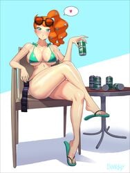 1girls alternate_breast_size beer beer_can big_breasts bikini blush breasts condom condom_packet_strip curvy_figure dqnguy eye_contact feet female flip_flops glasses glasses_on_head huge_breasts large_breasts looking_at_viewer nintendo orange_hair pieguy pokemon pokemon_ss ponytail sandals shiny_skin side_ponytail sonia_(pokemon) spoken_heart thick_thighs thighs