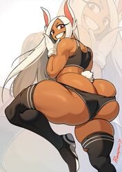 1girls ass ass_cleavage bunny_ears bunny_tail butt_crack curvy_figure dark-skinned_female dark_skin eye_contact female gloves huge_ass large_ass looking_at_viewer massive_ass miruko my_hero_academia probablynoon red_eyes ripped_clothing ripped_stockings rumi_usagiyama stockings thick_ass thick_thighs thighs white_hair