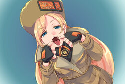 1girls animal_genitalia animal_penis blonde_hair blue_eyes eye_contact female gloves guilty_gear half-closed_eyes hat long_hair looking_at_viewer millia_rage open_mouth senda_kouji solo standing