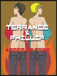 2boys back_view blonde_hair brown_hair celebrity english_text exposed_ass fart_jokes looking_at_viewer male_only pants_down phillip_argyle removing_shirt south_park tagme terrance_and_phillip terrance_stoot undressing