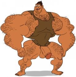 the_croods remert 2016 grug_crood muscular bara 1boy solo gay yaoi simple_background white_background penis balls nipples brown_hair hairy male male_only flaccid