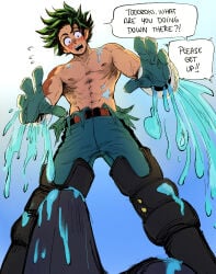 1boy abs belt blue_background boku_no_hero_academia commentary english_text freckles from_below gloves gradient_background green_hair highres izuku_midoriya looking_down male_focus male_only midoriya_izuku my_hero_academia nipples open_mouth short_hair shouto_todoroki solo speech_bubble superhero_costume teeth tododeku todoroki_shoto toned toned_male topless_male torn_clothes upper_teeth_only water white_background zazaraza33
