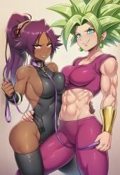 2girls abs ai_generated black_legwear bleach bleach:_the_thousand-year_blood_war blonde_hair caulifla clothed collar dark-skinned_female dark_skin dragon_ball female female/female female_only green_hair imminent_sex jacket jeans kale kefla leash leash_and_collar leash_pull leg_between_thighs long_hair looking_at_viewer muscles muscular muscular_female pet_play ponytail purple_hair shihouin_yoruichi short_hair spiked_tail yoruichi_shihouin yuri