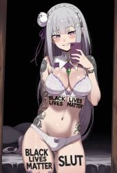 ai_generated ai_assisted nay_juno 1girl 1girls ntr netorare cheating cuckold cuckolding dark_room about_to_have_sex about_to_be_raped inminent_sex inminent_rape emilia_(re:zero) re:zero_kara_hajimeru_isekai_seikatsu solo long_hair breasts smile blush large_breasts holding hair_ornament bow navel very_long_hair standing purple_eyes underwear grey_hair braid flower panties pointy_ears hair_flower stomach grin bra white_panties tattoo on_bed rose phone white_flower bed cellphone gem holding_phone smartphone underwear_only purple_bow reflection bow_panties white_bra arm_tattoo crown_braid selfie shoulder_tattoo bow_bra leg_tattoo green_gemstone scene_reference reflection_focus mirror_selfie blacked blacked_asian blacked_female blacked_tattoo tattoos tattooed_arm tattoo_on_arm tattoo_on_chest tattoo_on_legs tattoos_everywhere
