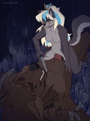 absurd_res ariin big_penis blue_hair blush broken_chain canid canine canine_teeth canis chain dominant dominant_female female genitals green_eyes hair hi_res knife_play larger_sub long_hair male male/female mammal monster mythological_canine mythological_creature mythology penetration penile penile_penetration penis ribbons saraa size_difference smaller_top submissive tail threatening_with_weapon violence werecanid werecanine werecreature werewolf wolf yellow_eyes