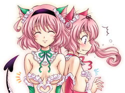 animal_ears blush breast_envy cat_ears closed_eyes cute_fang demon_tail detached_sleeves icing kemonomimi_mode momo_velia_deviluke nana_asta_deviluke pink_hair purple_eyes short_hair tail to_love-ru whipped_cream yukkyun