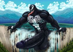 alien alien_humanoid balls big_balls big_penis black_body bodily_fluids cum dam destruction excessive_cum excessive_genital_fluids furrypur genital_fluids genitals hi_res huge_balls huge_penis humanoid hyper hyper_balls hyper_genitalia hyper_penis macro macro_focus macro_male male marvel muscular muscular_arms muscular_male nature nature_background penis solo tongue tongue_out vein veiny_penis venom venom_(marvel) water